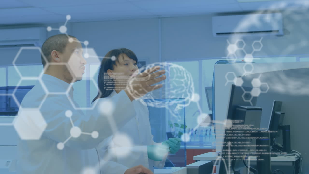 animación de las estructuras de las moléculas, el cerebro, el lenguaje de la computadora, diversos científicos discutiendo informes.