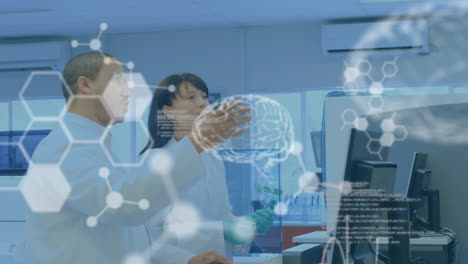 animación de las estructuras de las moléculas, el cerebro, el lenguaje de la computadora, diversos científicos discutiendo informes.