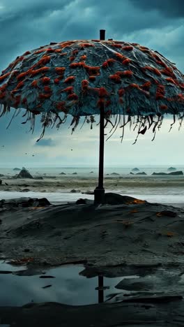 colorful umbrella stands alone in a desolate landscape during twilight