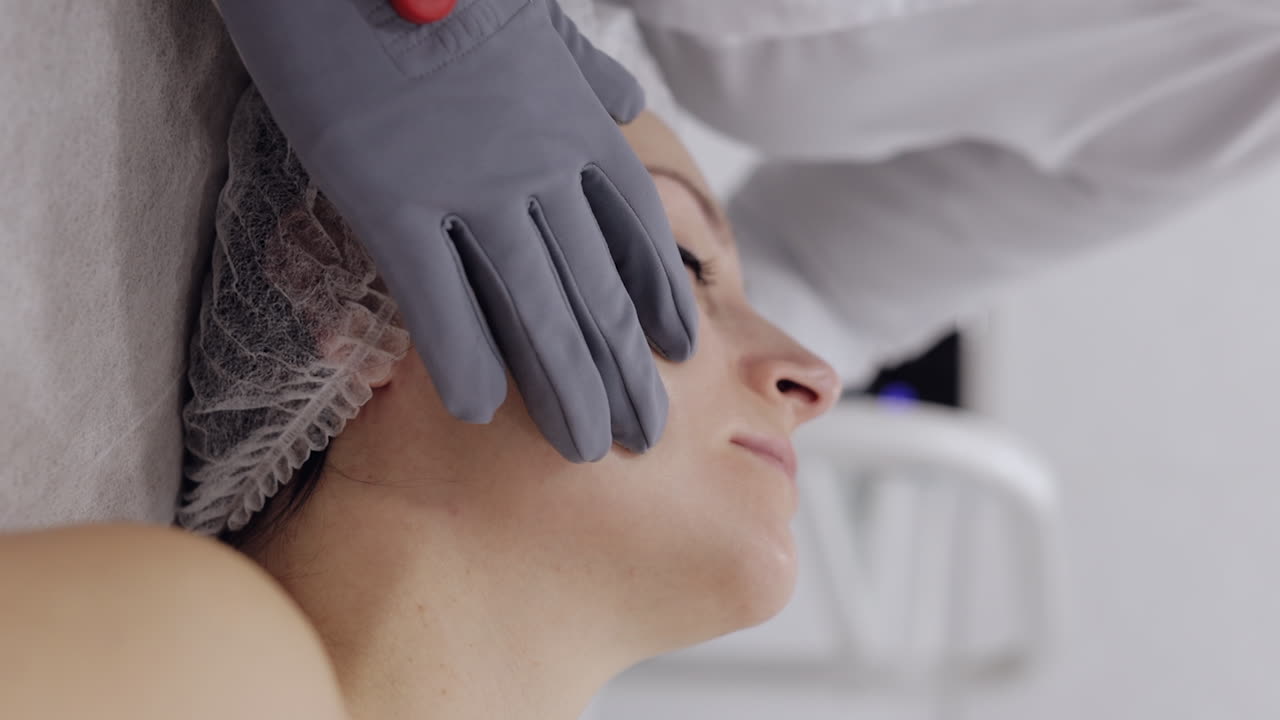 Beautician makes microcurrent face lifting therapy with conductive gloves facial antiage procedure