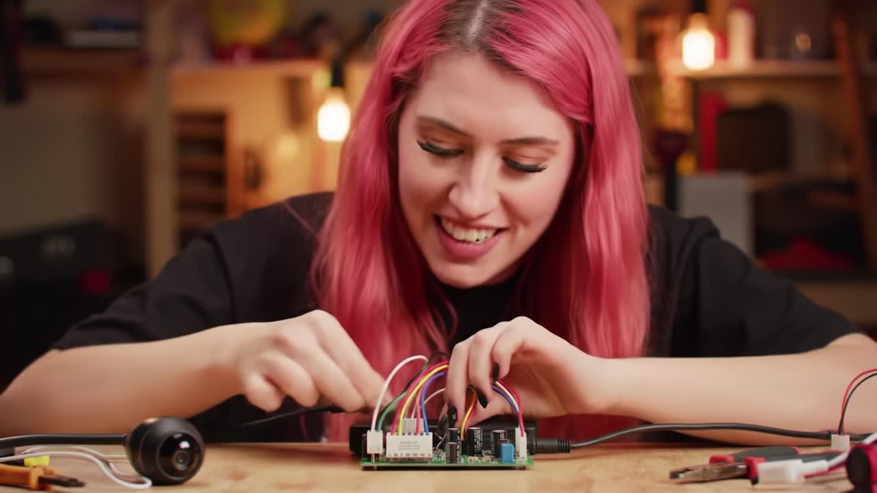 A person with pink hair focuses on wiring a circuit board at a cluttered workbench. Tools and components surround, highlighting a creative electronics project in progress.