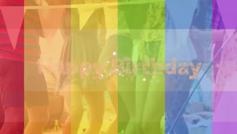 Animation-of-happy-birthday-text-over-lgbt-flag-and-diverse-people-dancing