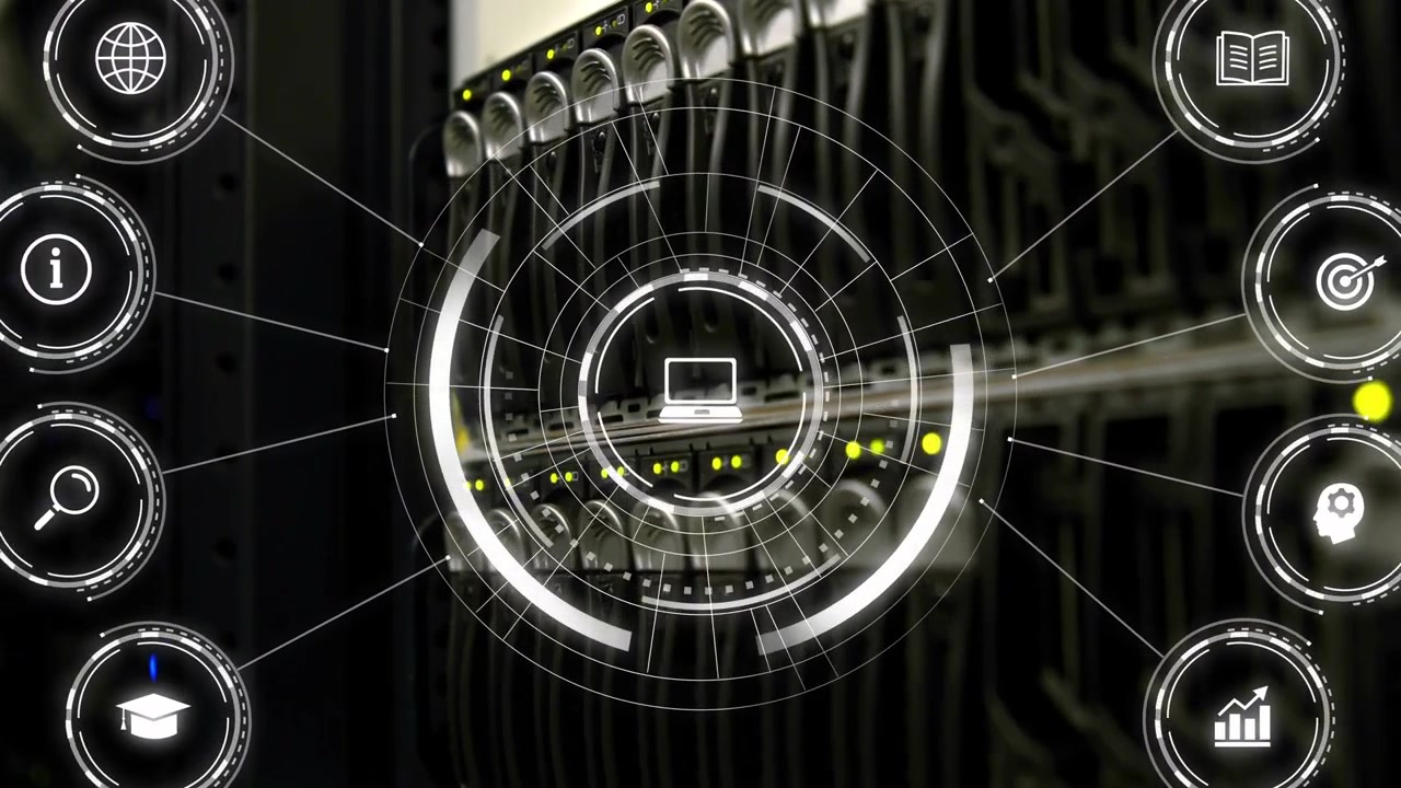 Rack of data center servers with blinking LEDs initiating HUD scan, forming rings, sliding icons