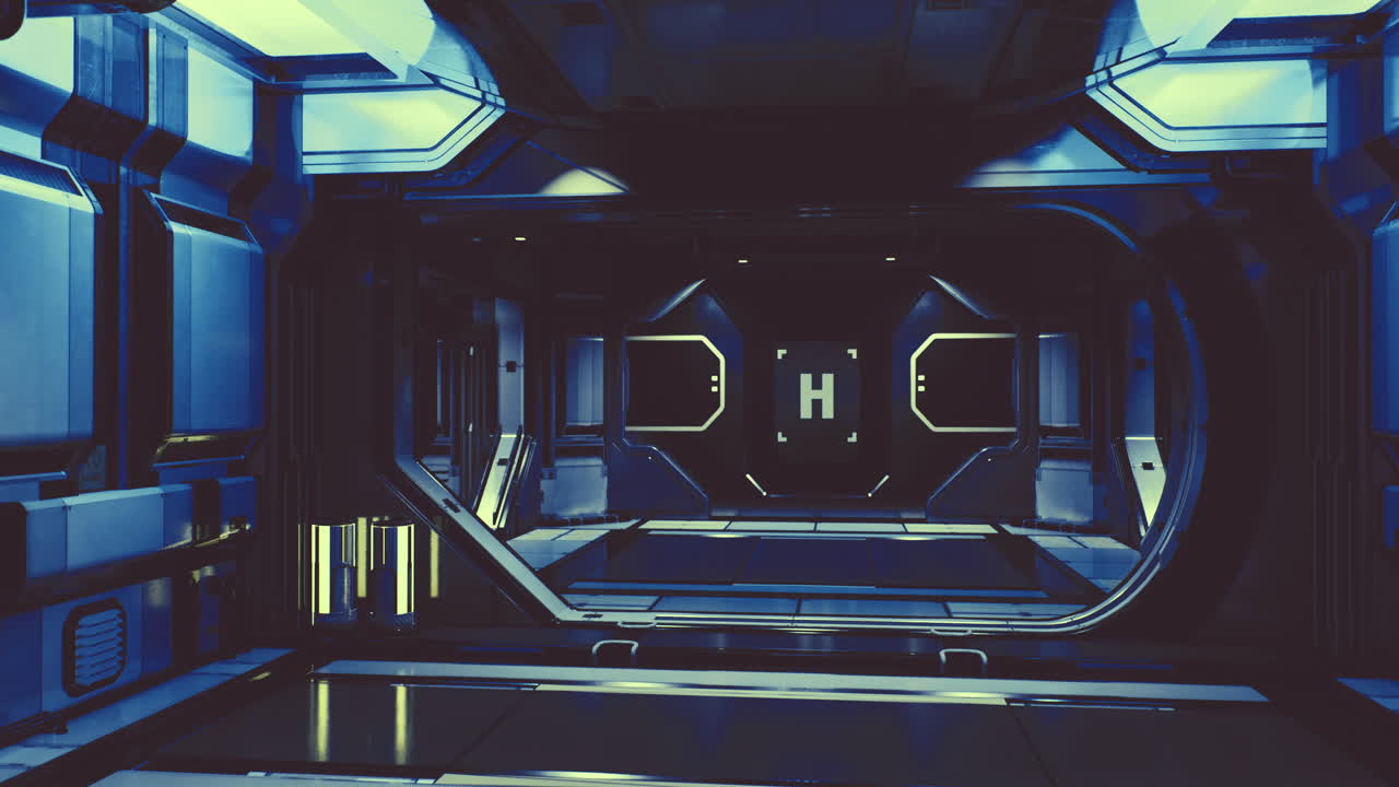 Futuristic interior of a sci fi space station corridor with blue lighting