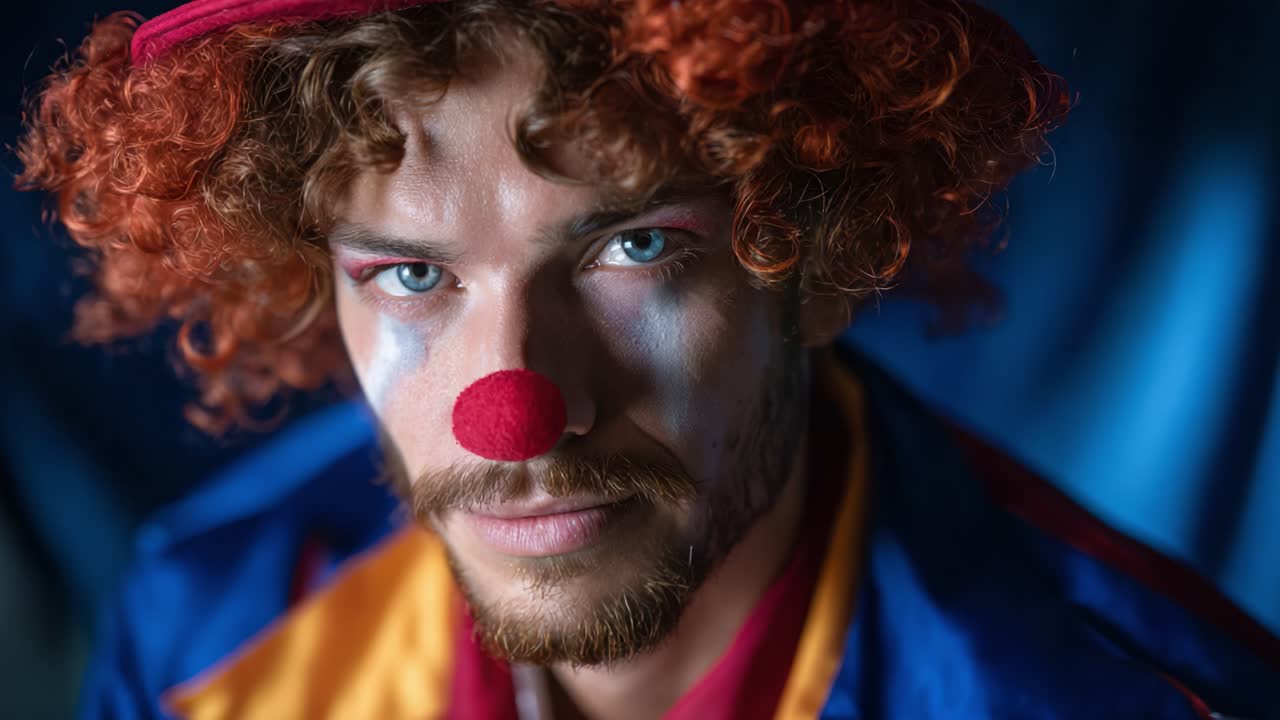 Intrigante ritratto di un clown con trucco vivace, costume eccentrico e occhi blu espressivi, catturato in due straordinarie inquadrature con effetti di illuminazione drammatici