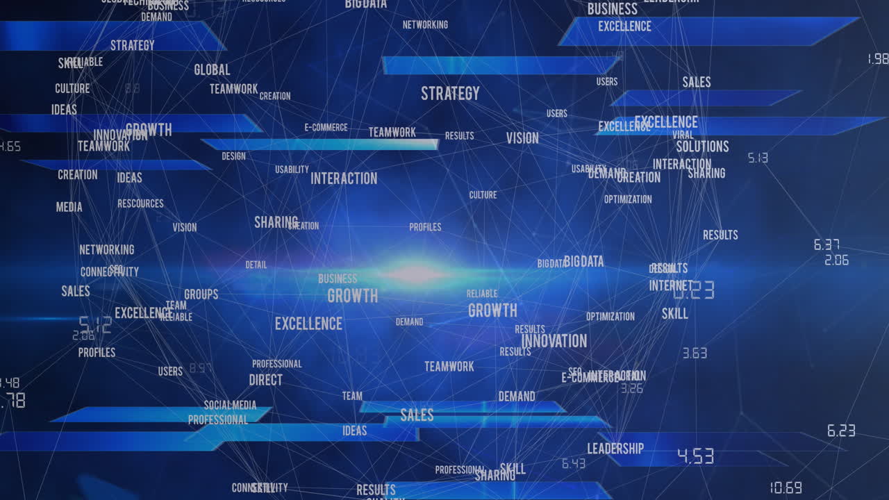 Animation of globe of business concept texts and light spot against blue background