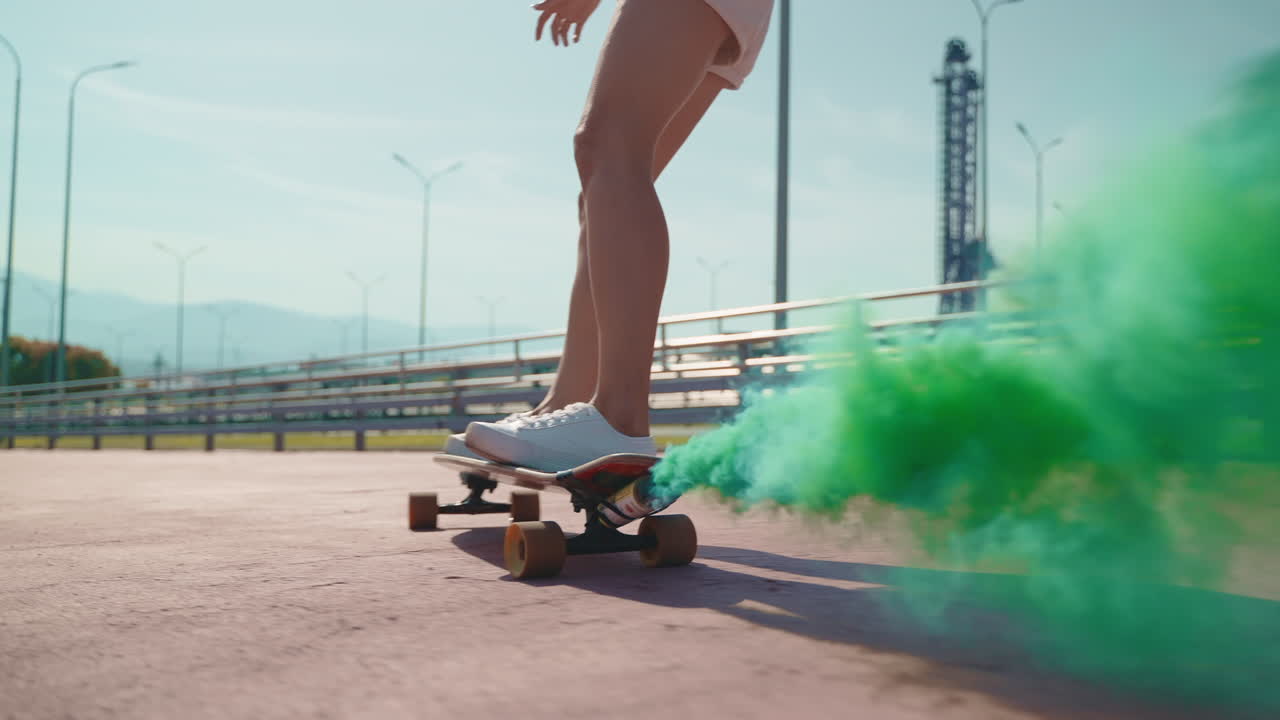 공원에서 스케이트보드를 타는 여자, 녹색 연기를 생산