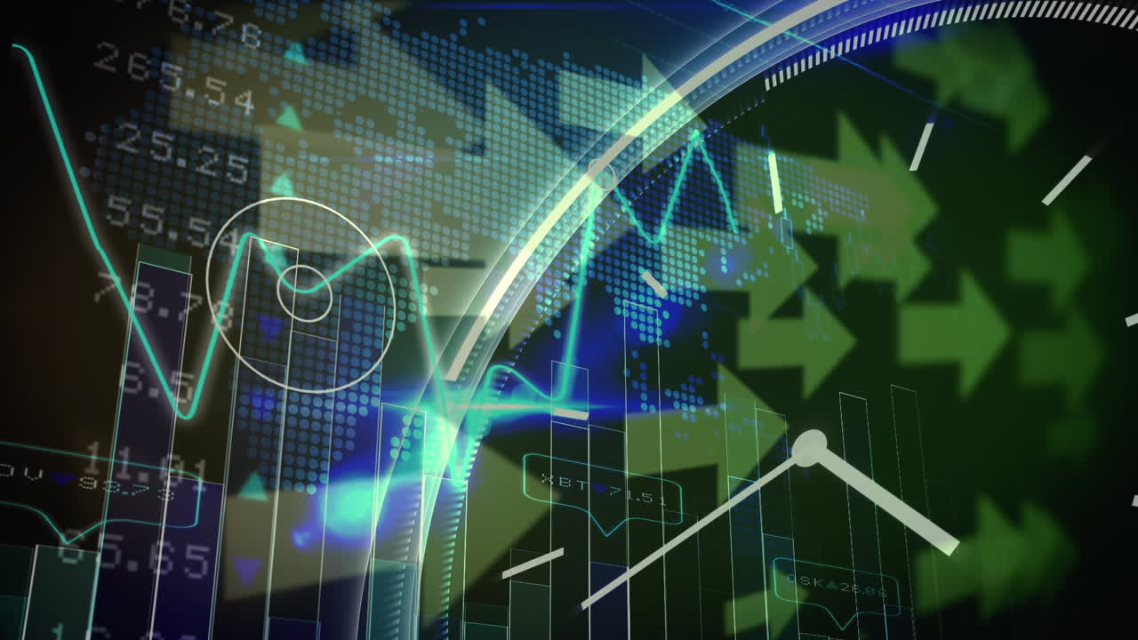 animación de gráficos, procesamiento de datos, flechas, reloj en movimiento en espacio negro
