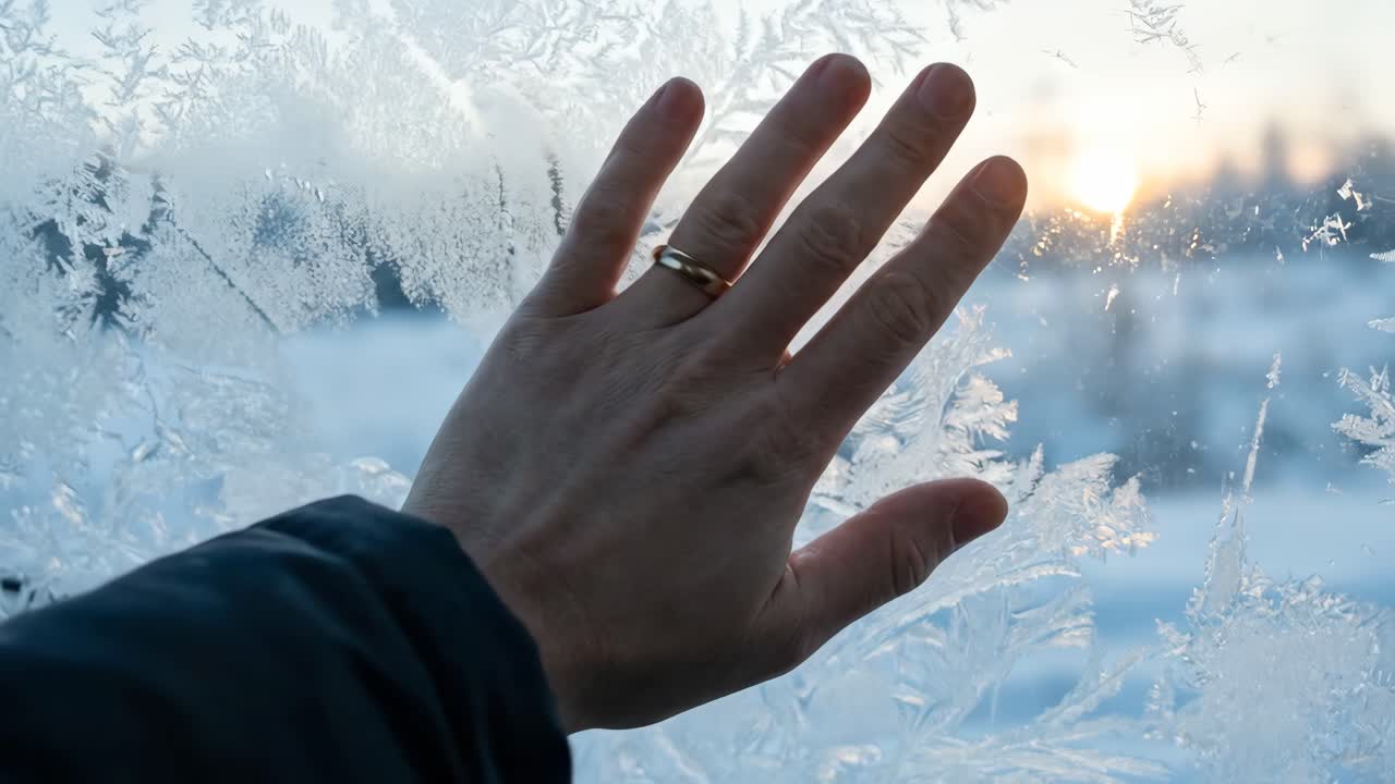 Hand berührt frostiges Fenster mit winterlichem Sonnenaufgang draußen