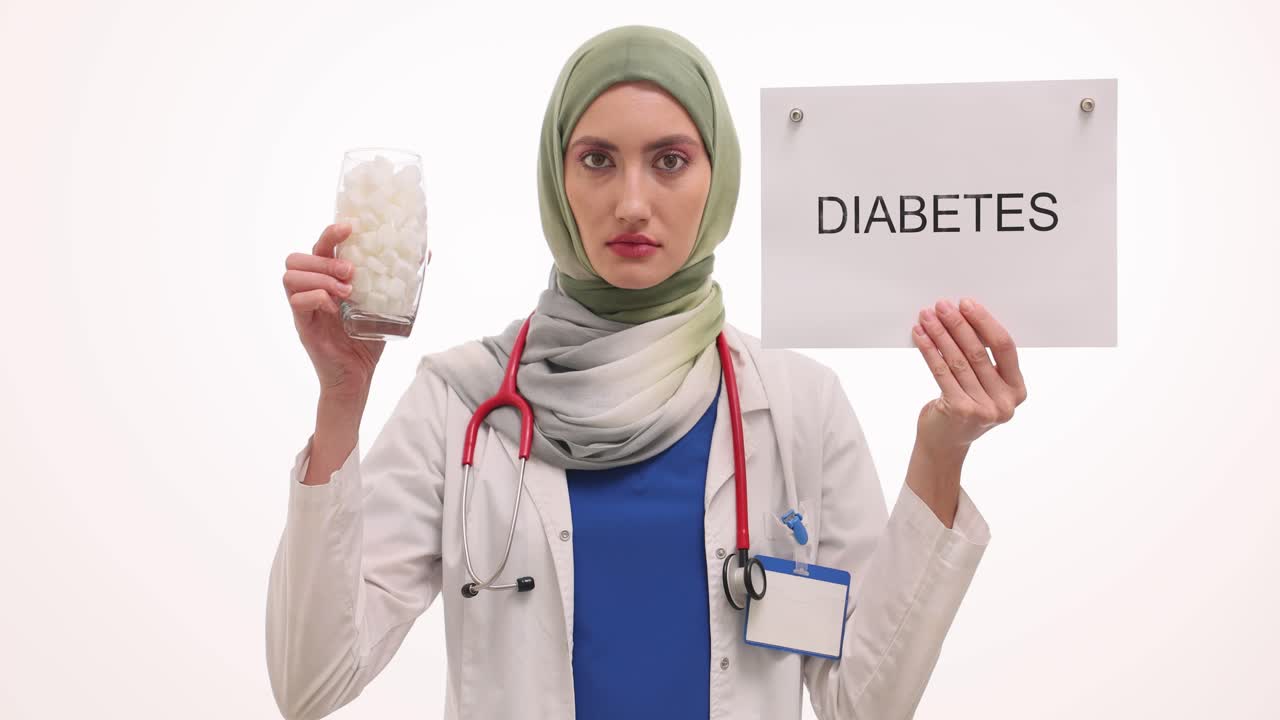 Dottoressa con hijab che tiene un cartello 'Diabete' e zollette di zucchero, sensibilizzando sulla salute