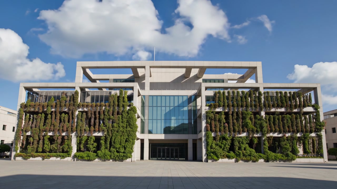 Pulling camera framing concrete building revealing atrium and vertical green walls, showing plaza