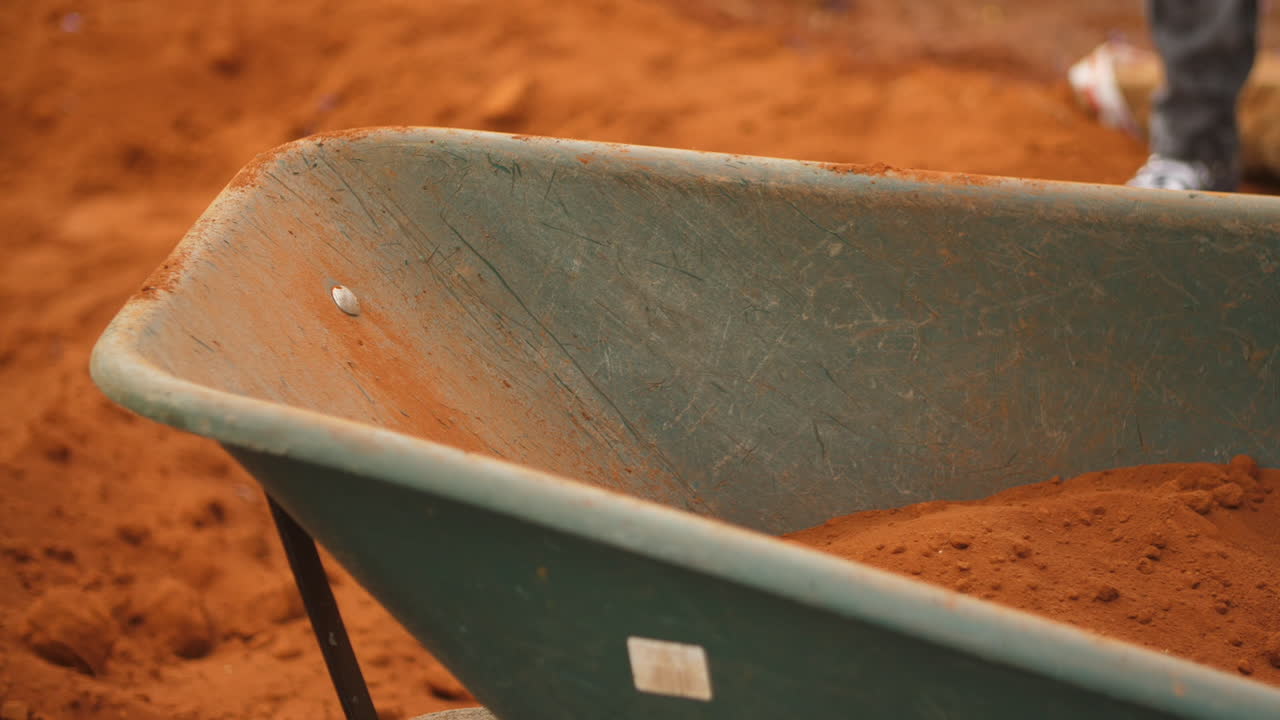 Spade shoveling soil into wheelbarrow