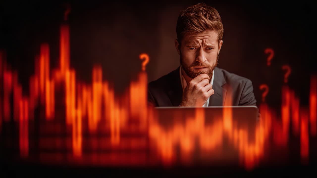 A Pensive Businessman Analyzing Data Trends and Graphs on a Laptop, Overwhelmed by Uncertainty and Questions Regarding His Findings