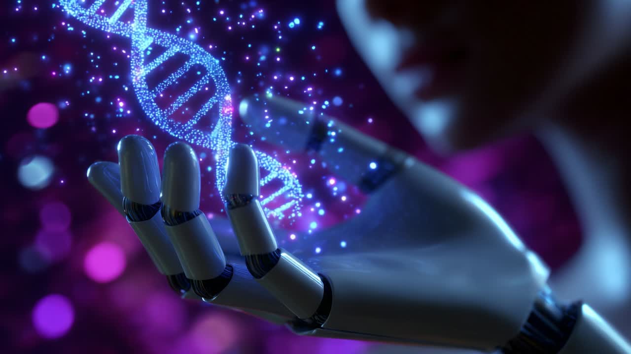 A futuristic robotic hand delicately holds a glowing DNA strand, symbolizing the merging of technology and biology in a visually stunning and imaginative way, highlighting advancements in genetic engineering and artificial intelligence