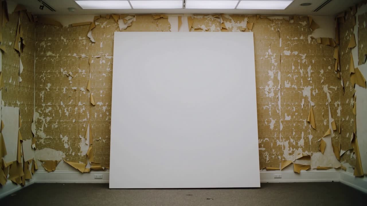 Inquadratura della telecamera che si stringe centrando una grande tela quadrata bianca in studio, con carta da parati scrostata come punto di messa a fuoco.