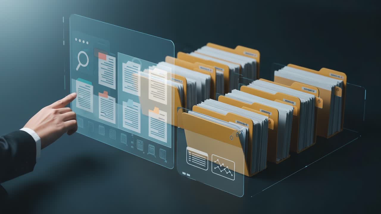 Modern Digital Interface Showcasing Organized File Management with Advanced Searching Features in a Futuristic Workspace Environment