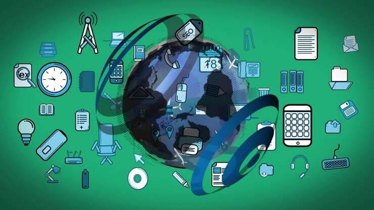 Animation of icons over globe on green background