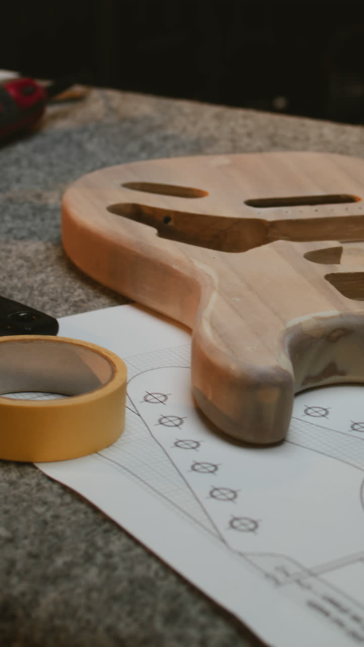 wooden Blank of Guitar Body Guitar Neck Blueprints and Tools Lie on the Table Wooden Blank of Guitar Body Guitar Neck Blueprints Tools for Manufacturing and Laptop Lie on the Table Modern Workshop for Musical Instruments Making Concept of Handicraft and Small Business
