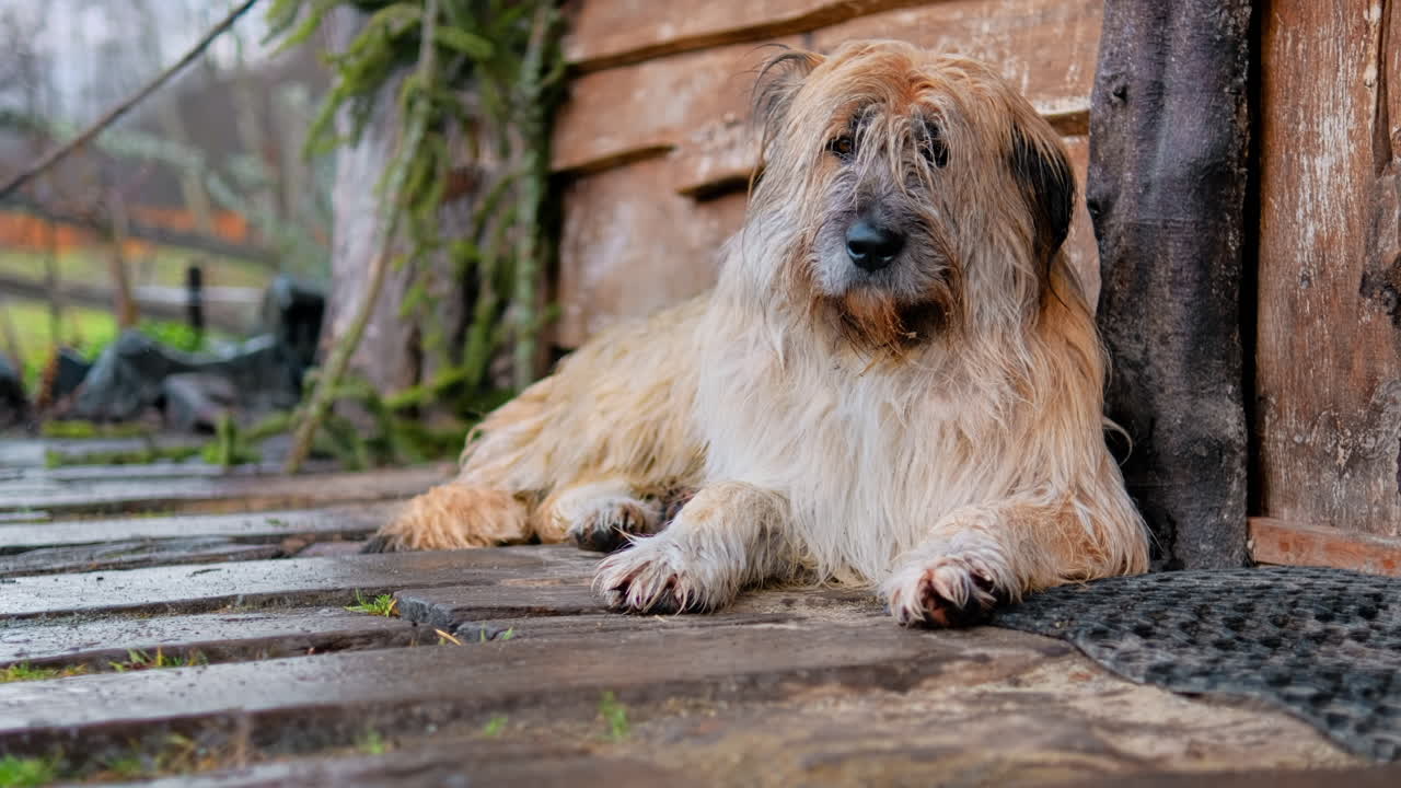 A dog lying on the floor near the wooden house, wet weather