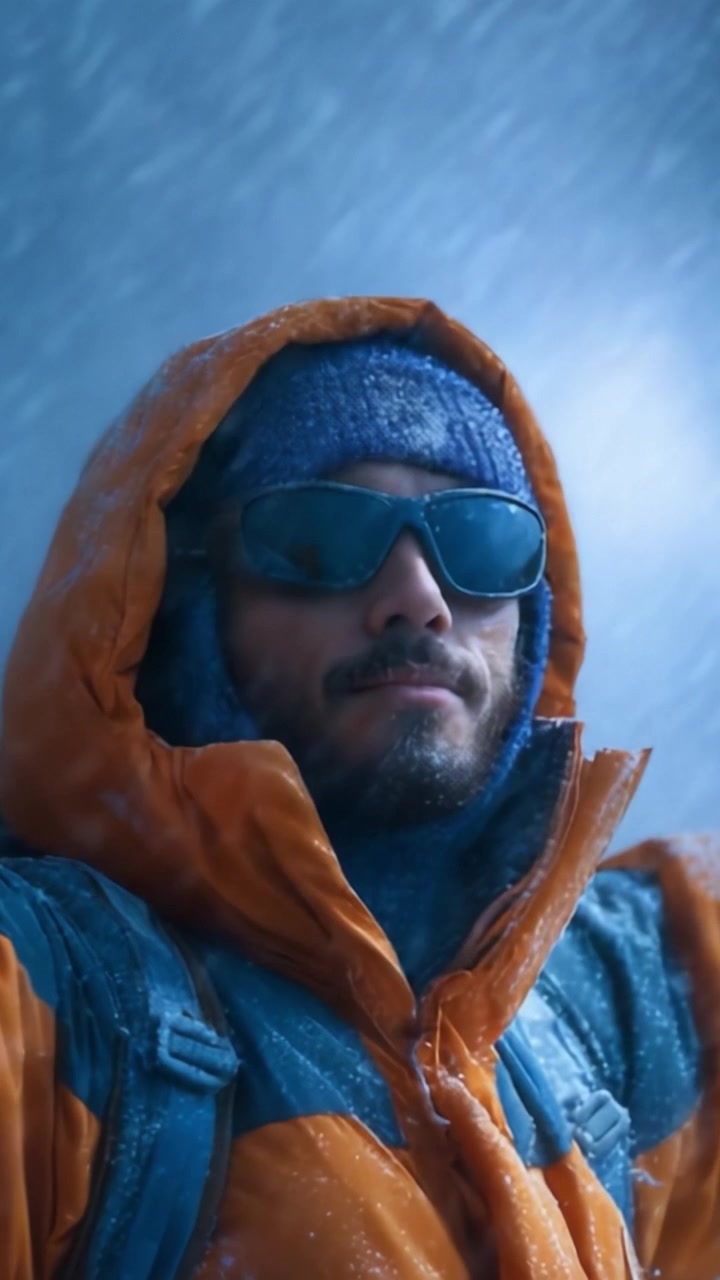 A resilient adventurer braves the harsh winter elements with determination, capturing the essence of survival in challenging snowy conditions with style and confidence.