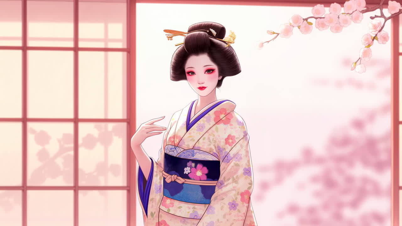 Kiraz Çiçekleriyle Geleneksel Kimonolu Animasyonlu Japon Kadını