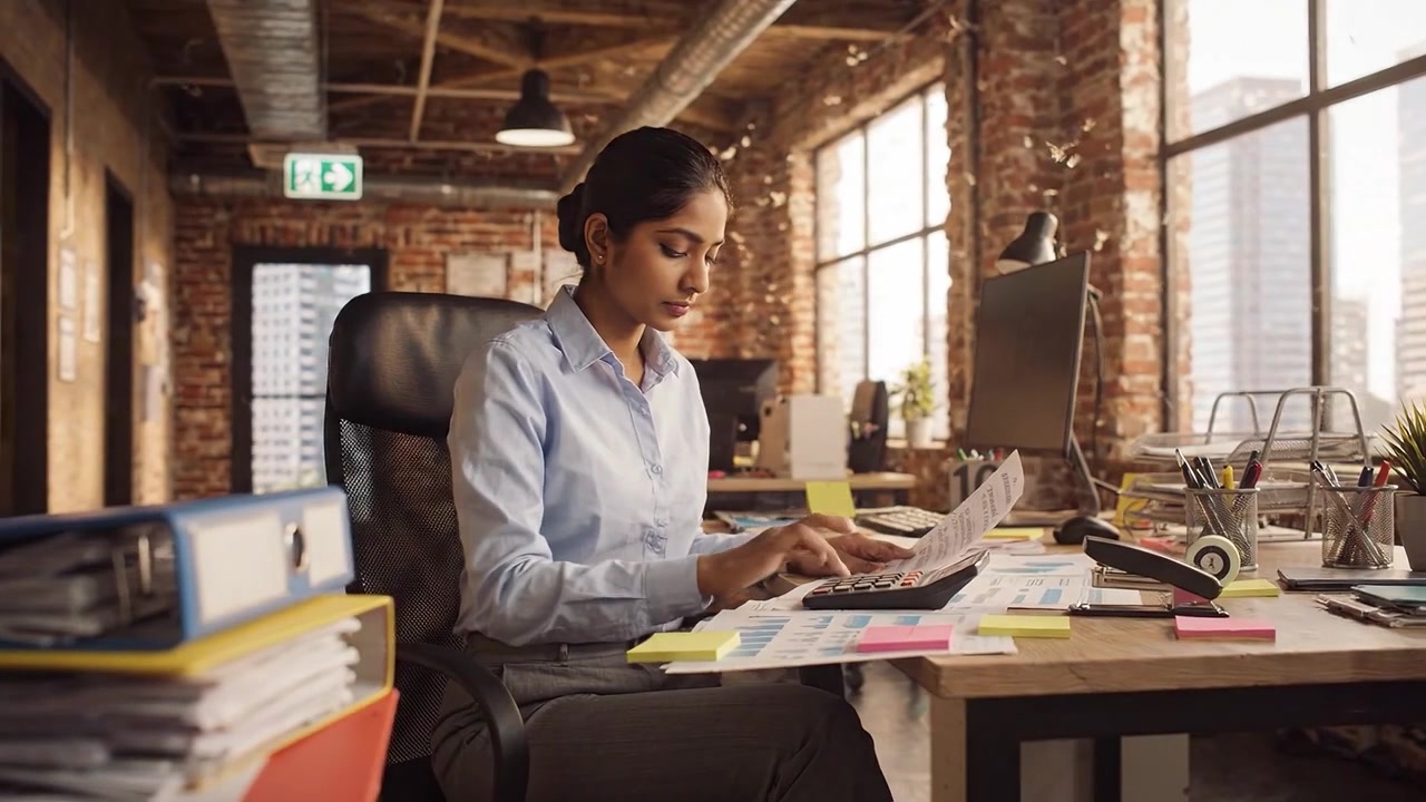 Mulher Profissional Focada Trabalhando Eficientemente em Sua Mesa com Documentos, Materiais de Escritório e uma Calculadora em um Cenário de Espaço de Trabalho Moderno