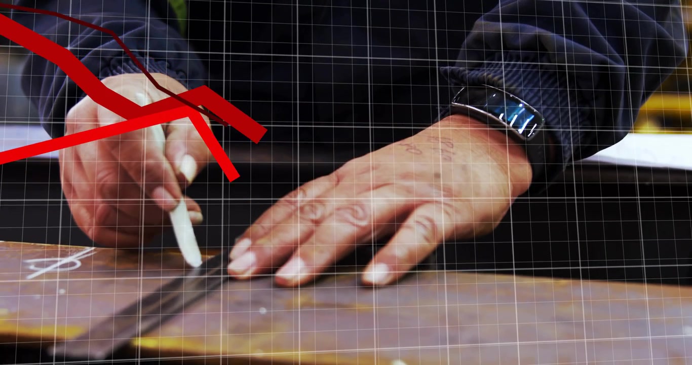 Craftsman pressing ruler drawing chalk line on grid overlay animating red graph per mark for design