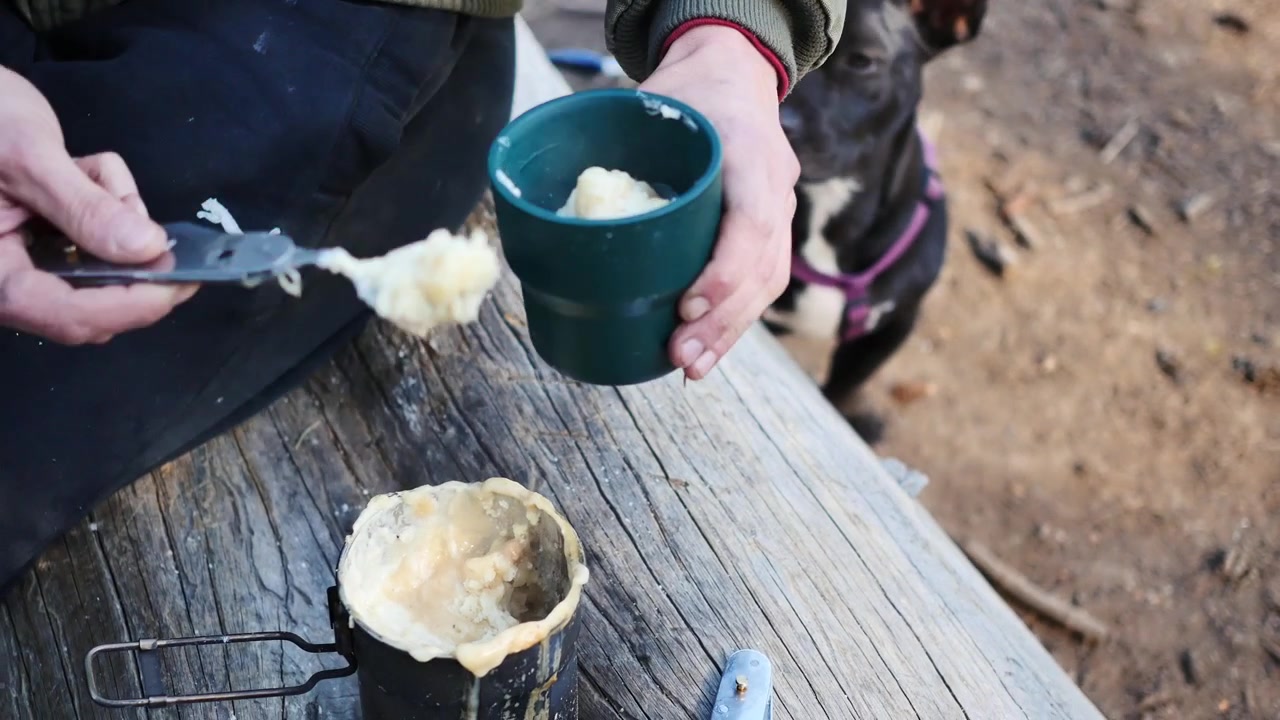 Cane nero che osserva un pasto al fuoco da campo a base di biscotti e salsa che viene servito
