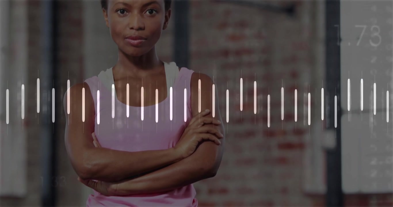 woman stepping in gym carrying weight bar crossing arms showing animated waveform and data overlays