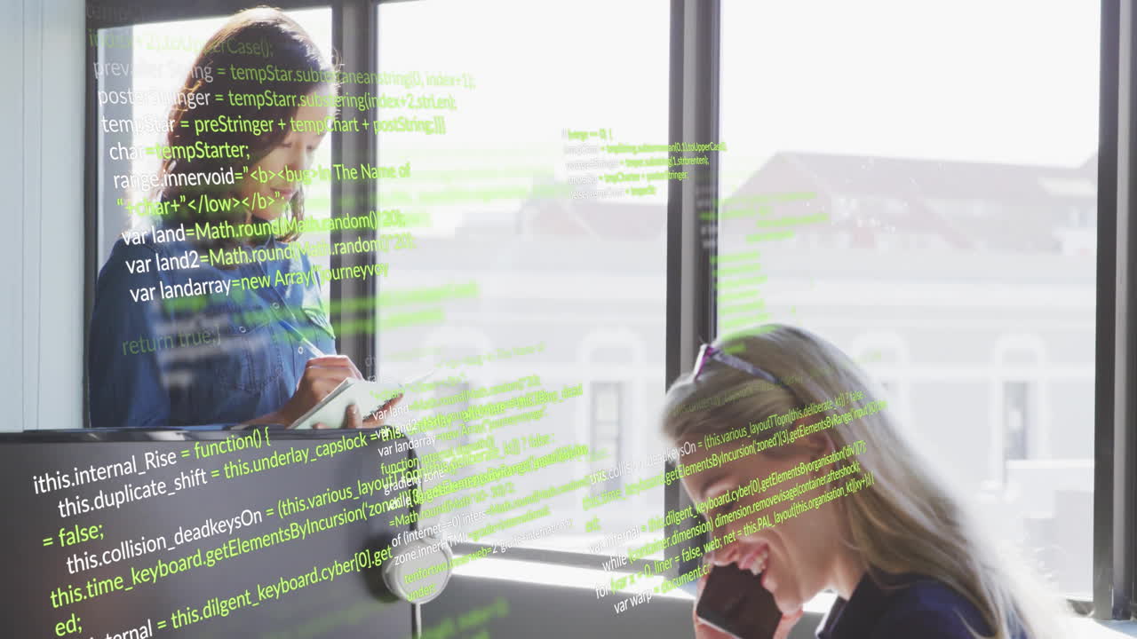 Animation of data processing over diverse female colleagues working in office