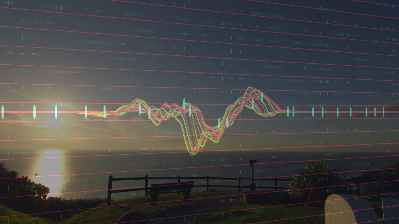 Colorful finance chart overlay being animated across coastal sunset view showing bench telescope