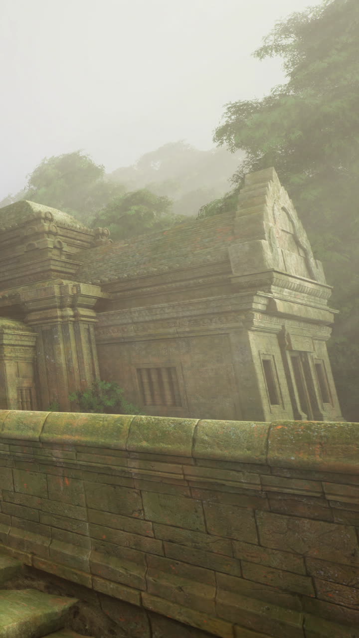 Forgotten temple emerges from mist in a lush mystical jungle landscape