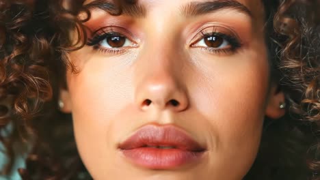 a woman with curly hair and a pink lipstick