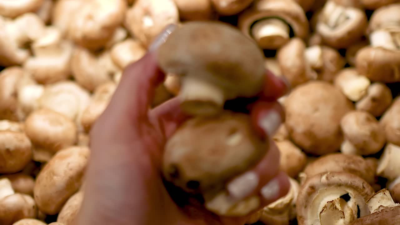 A close-up of a hand inspecting brown mushrooms, showcasing their texture and quality under warm lighting.