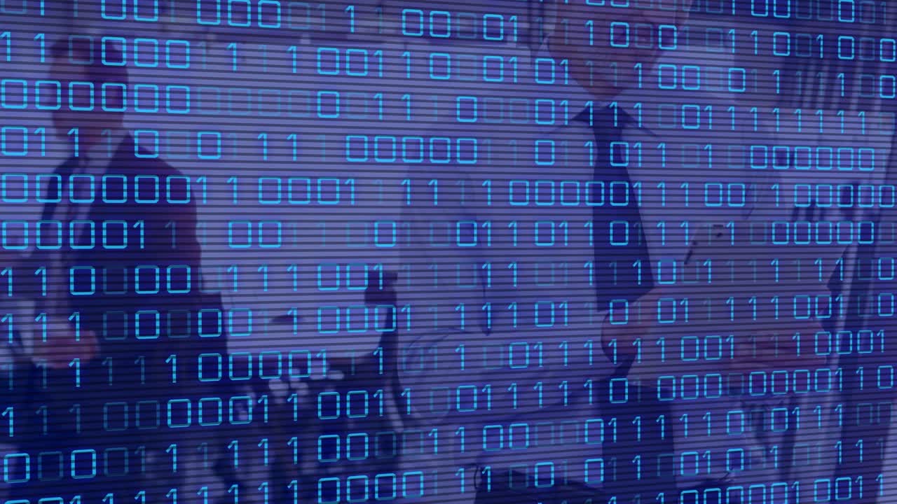 Animation of binary code over caucasian man and coworkers in office