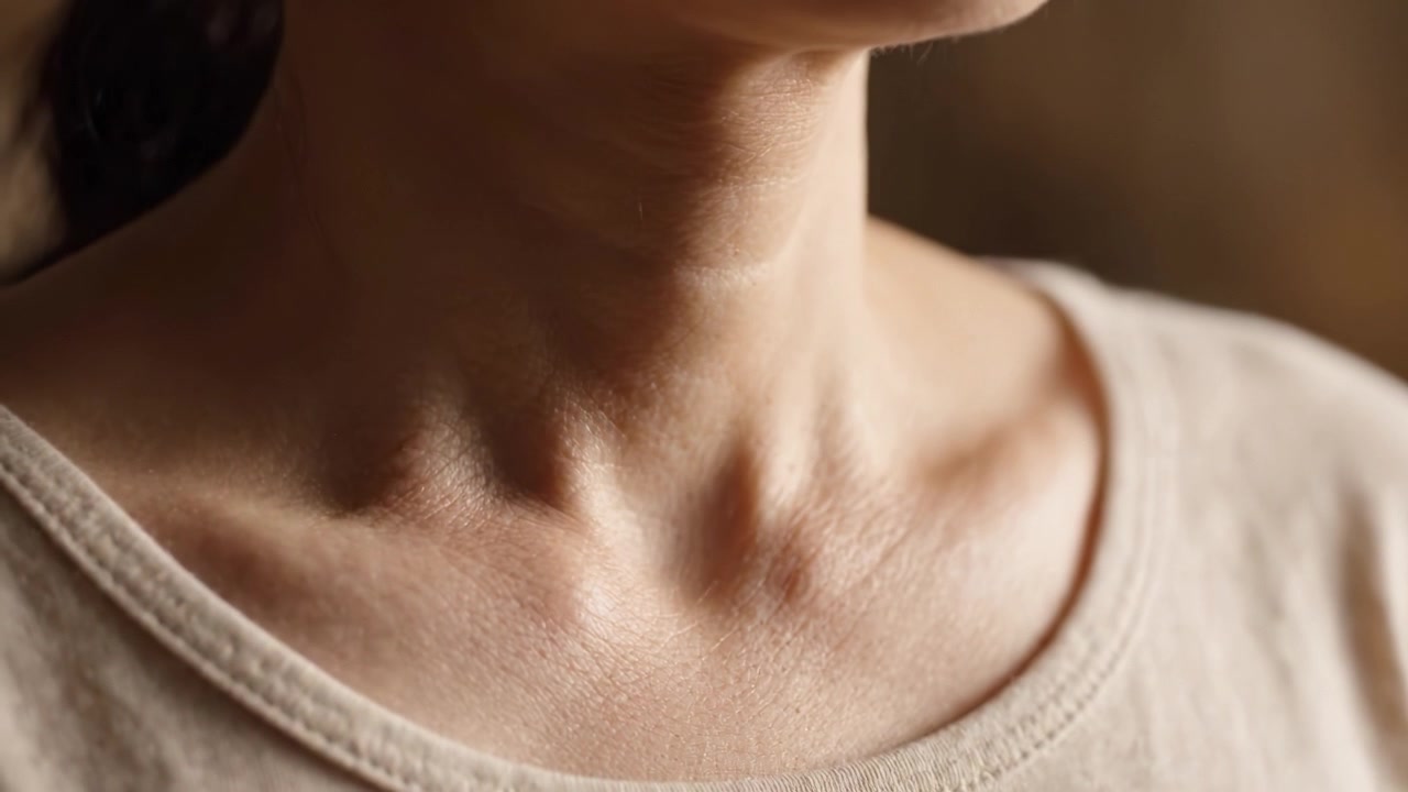 Primo piano del collo e della zona della clavicola di una donna, che evidenzia la texture e i dettagli della pelle, catturato con una luce naturale soffusa per una sensazione intima.