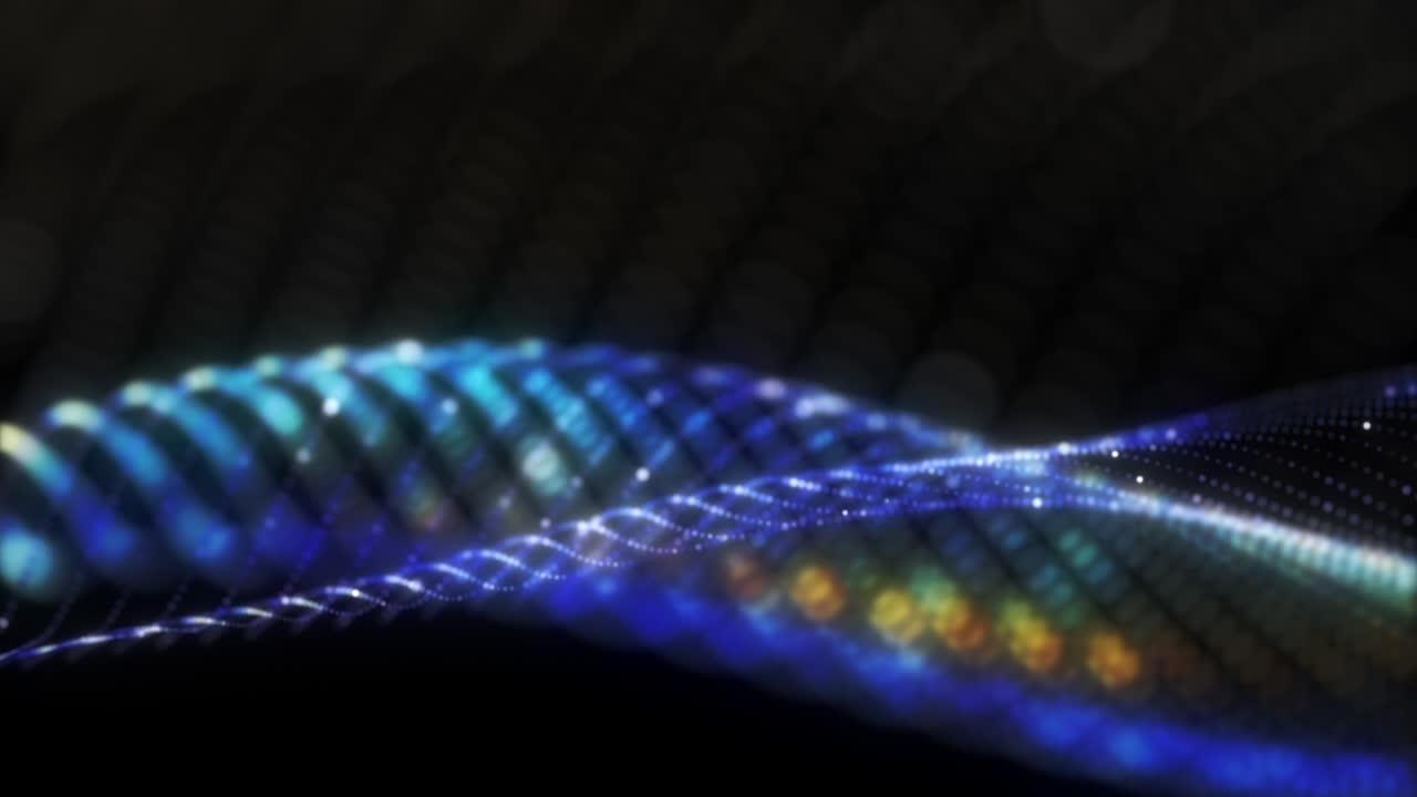 Wave of colorful blue gold red particles. Futuristic dots background with a dynamic wave. 4K 3D rendering seamless loop. Abstract background for technology, networking, communication, big data, AI.