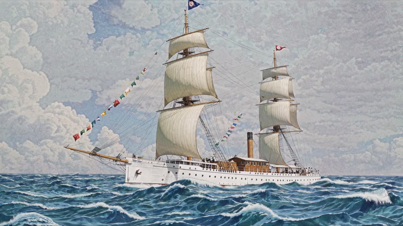 A vintage maritime painting of a majestic sailing ship on choppy seas, captured from a side angle