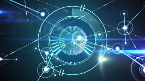 animation of circular scanner processing over networks and blue lights on dark background