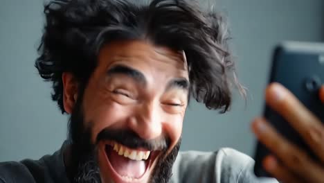 a man with curly hair and a beard is taking a selfie