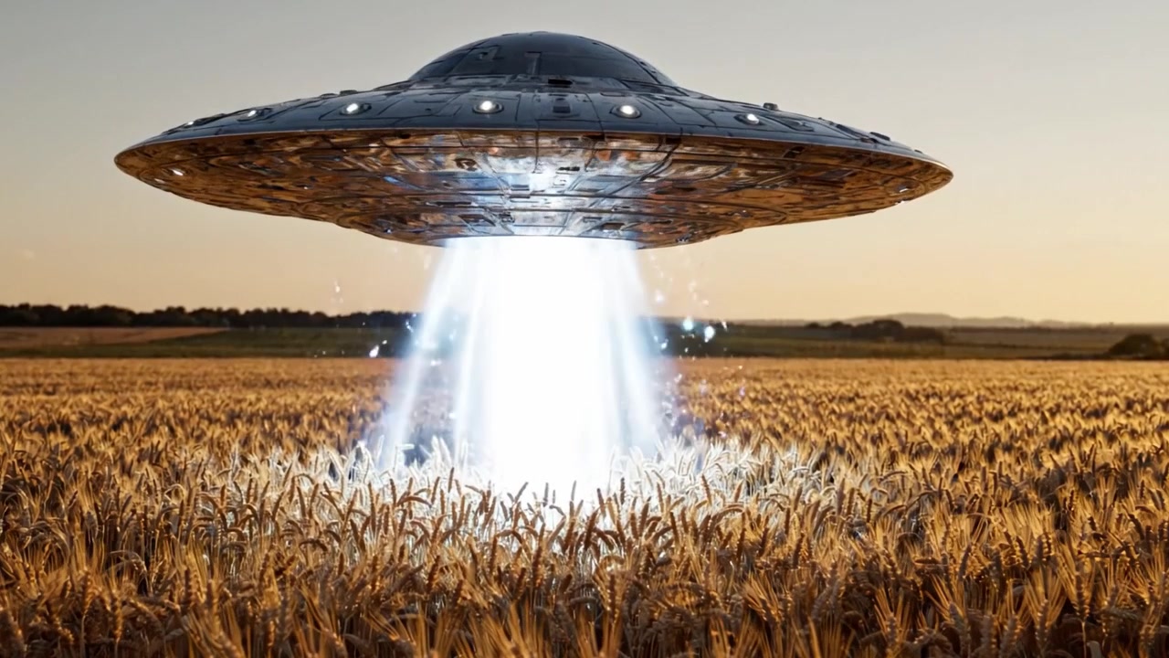 A Mysterious UFO Descends into a Wheat Field, Emitting Brilliant Light Beams in a Scenic Sunset, Evoking Intrigue and Wonder about Extraterrestrial Life