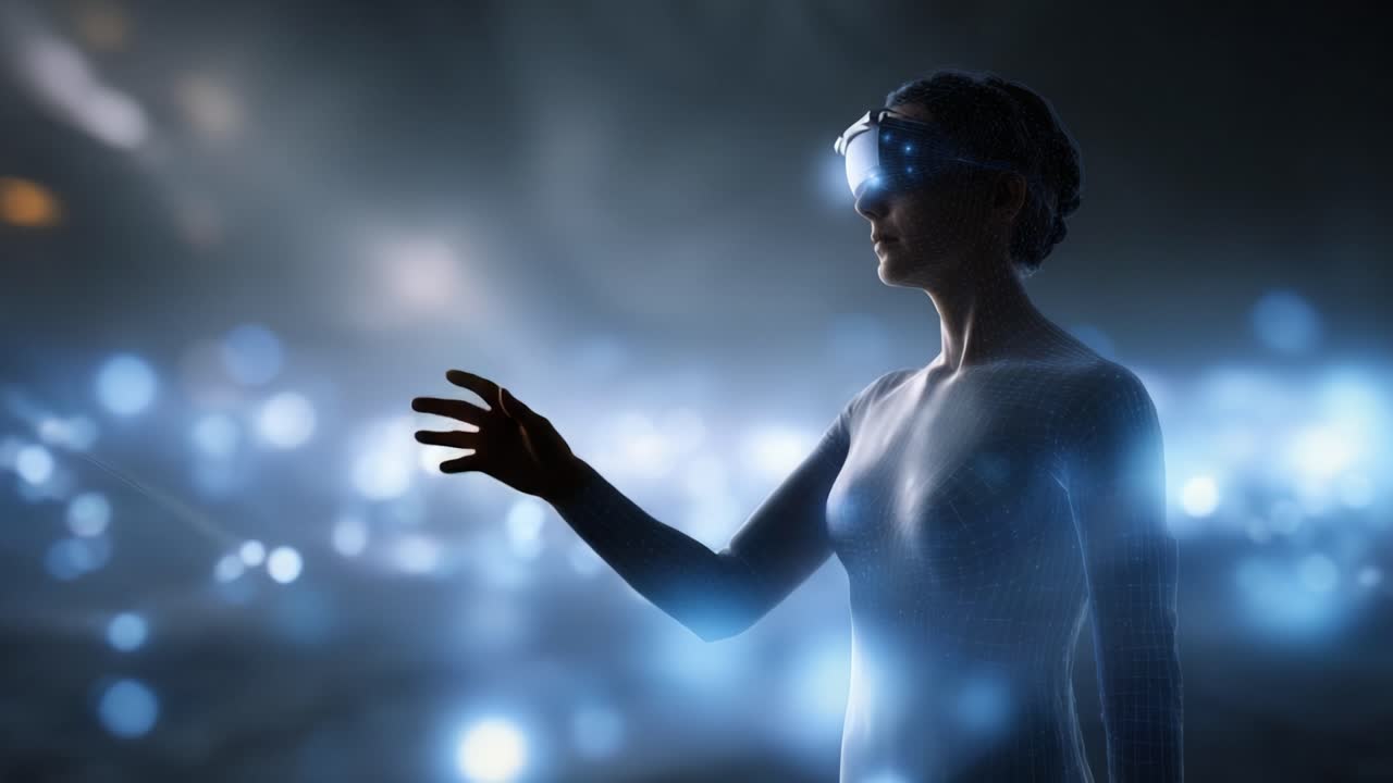 Uma figura futurista usando óculos de realidade aumentada se destaca contra um fundo de luzes cintilantes, incorporando a essência da tecnologia avançada e da imersão digital.