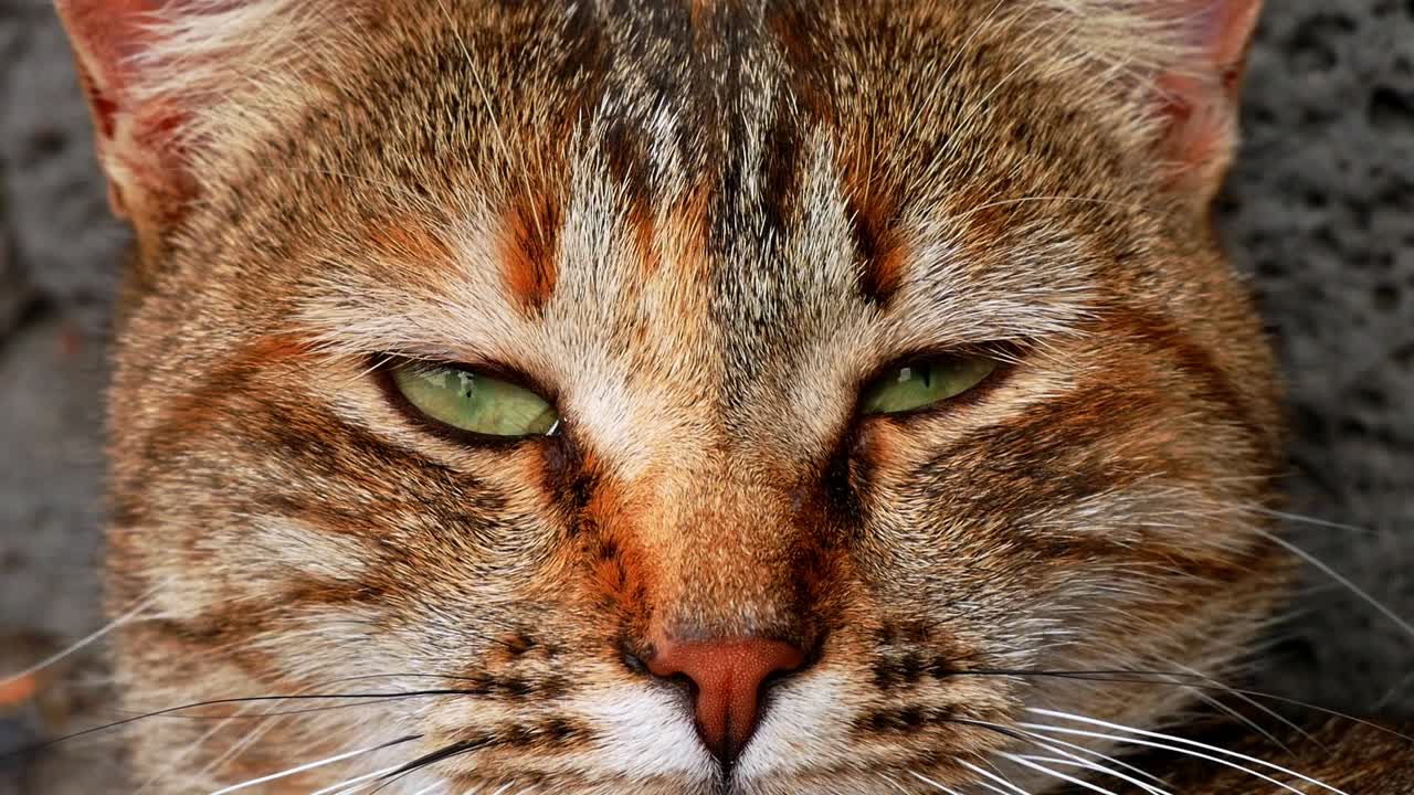 Extreme close up of ginger cat with green eyes staring straight into the camera