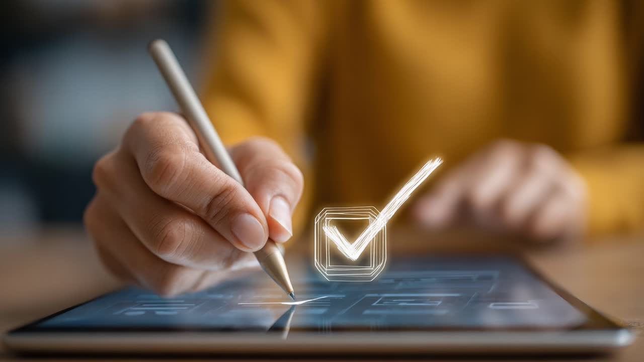 Digitally Confirming Tasks: A Close-Up of a Hand Using a Stylus on a Tablet, Highlighting a Checkmark to Indicate Completion and Efficiency in Digital Workflows