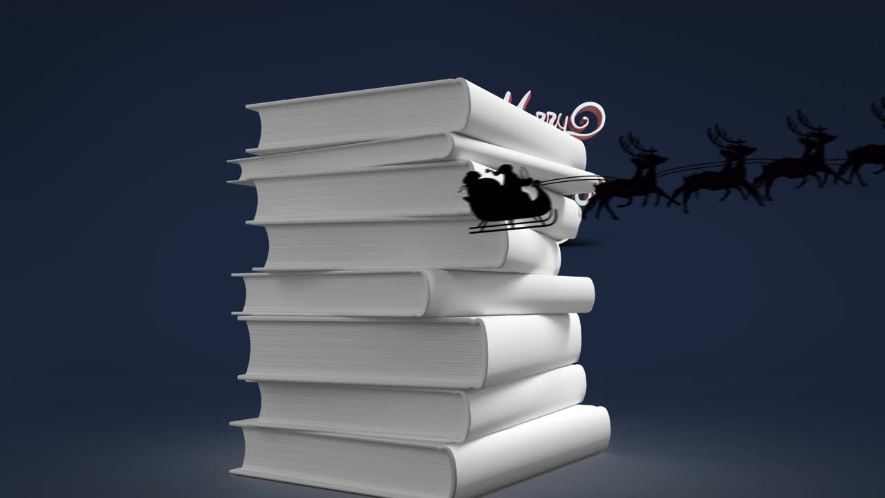 책 뒤에 메리 크리스마스 텍스트와 파란색 배경에 산타가 슬레이를 타고 있는 애니메이션