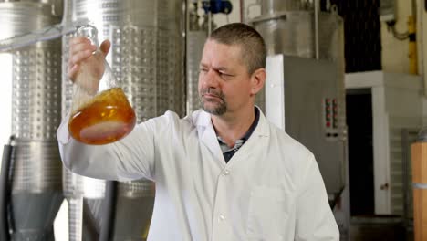 male worker examining liquor in flask 4k