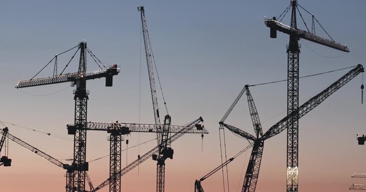 Detaillierte Halbaufnahme von Kransilhouetten, die schwere Materialien vor einem farbenfrohen Abendhimmel auf einer Baustelle einer Technologiefabrik bewegen und heben