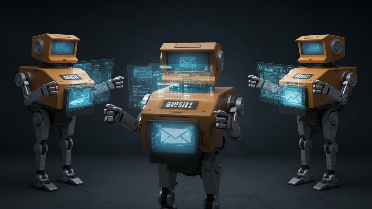 Three Futuristic Robots Displaying Interactive Holographic Screens with System Notifications and Data Visualizations in a High-Tech Environment