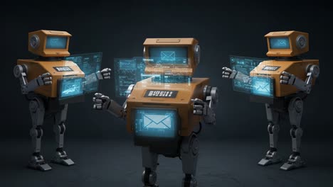 three futuristic robots displaying interactive holographic screens with system notifications and data visualizations in a high-tech environment