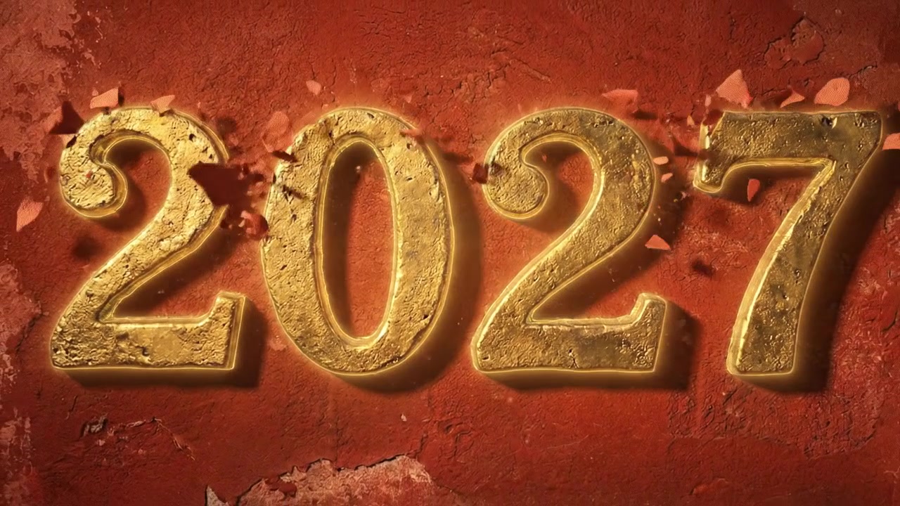 New year 2027 number animation featuring orange gold glowing text on dark background